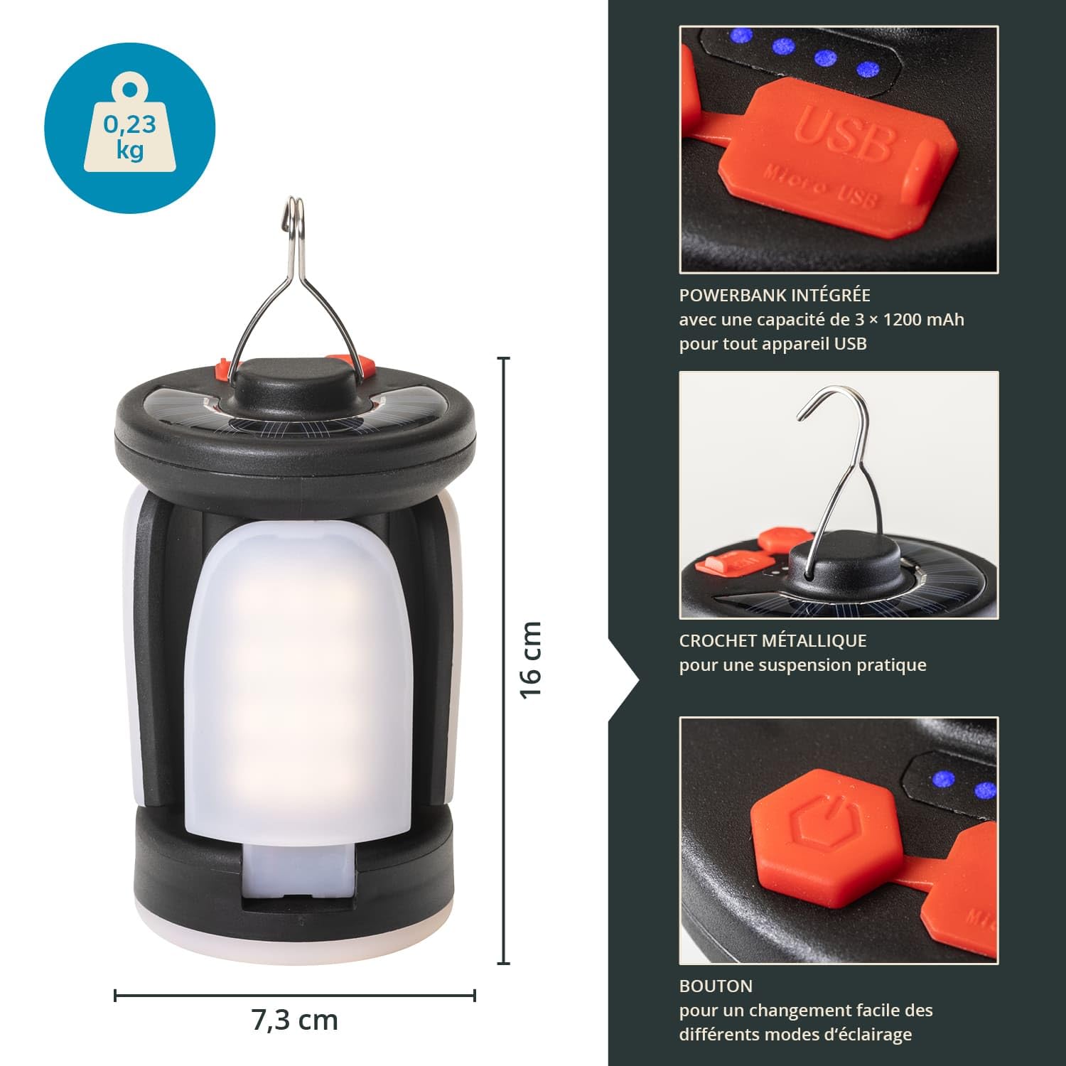 Skandika Lampe Camping Kvitnes LED - Lampe Solaire Pliable Powerbank 400 Lumens 6 Modes