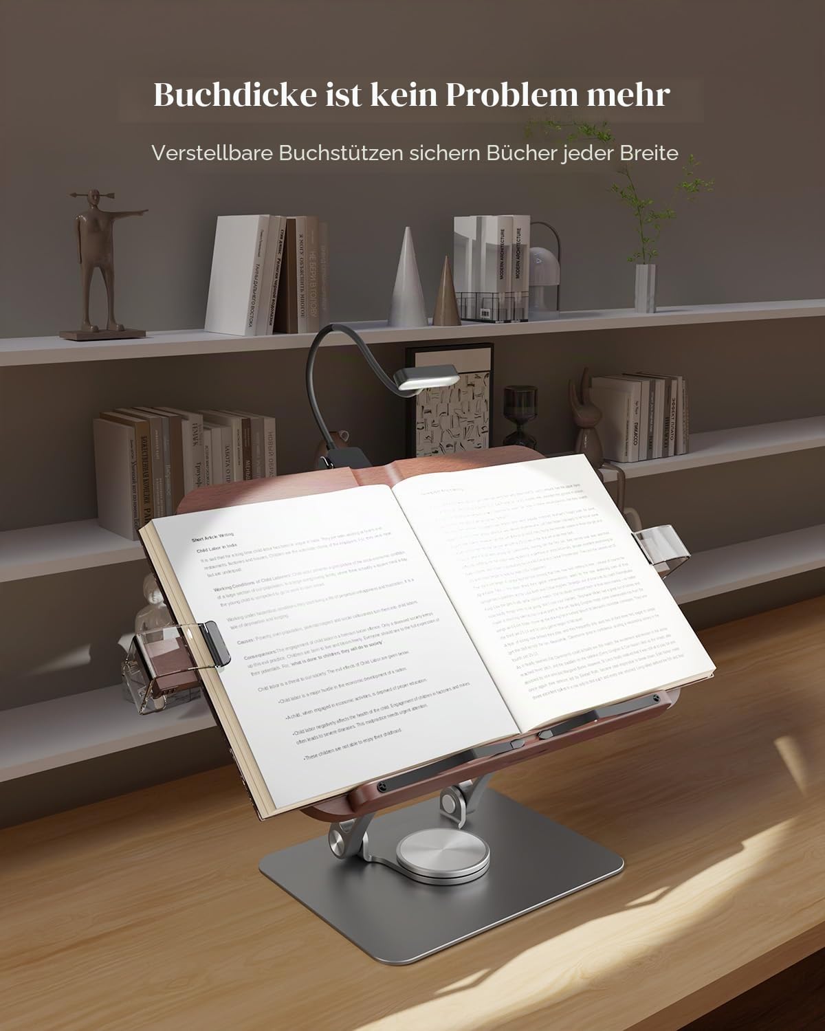 Buchständer mit Licht, aktualisierter verstellbarer Buchhalter mit 360° drehbarem Sockel, faltbarer Kochbuchständer, Rezeptbuch für Noten, Laptop, Rezept, Lehrbuch, Buchhalter
