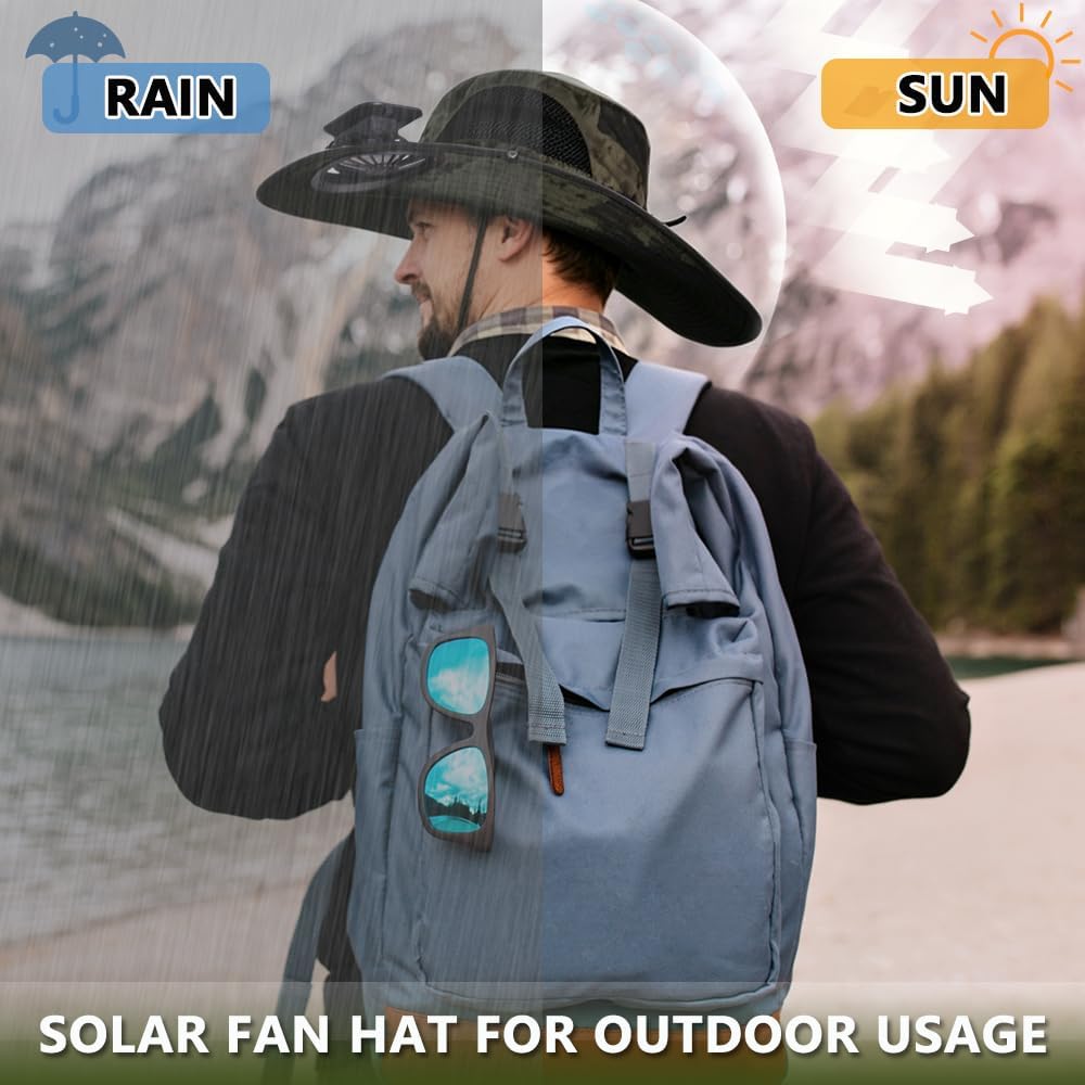 Solar Fan Hat Rechargeable 2Detachable Solar Fans,Water-Repellent Wide Brim Bucket Hat, Outdoor Camping Hiking Golf Sun Hat