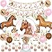 Fangleland Horse Birthday Party Decorations Kit for Girls - Horse Theme Banner & Photo Backdrop, Horse Cake Cupcake toppers, Racing Horse Balloons, Western Cowgirl Happy Birthday Party Supplies