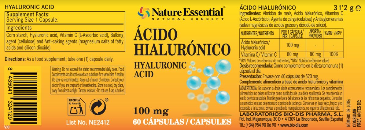 Nature Essential | Ácido Hialurónico | 60 Cápsulas | Bote para 2 Meses | Dermis | Articulaciones, Cartílagos y Piel