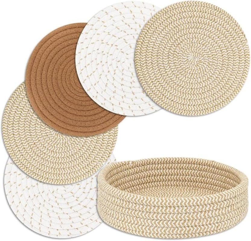 Image of Mansa for Hot Dishes, Pots and Pans, Hot Pads with Storage Basket, Pot Holders for Kitchen, Heat Resistant Mat Protect Counter Home Essentials, Farmhouse Decor (Pack of 5 with Cover) Multi Beige