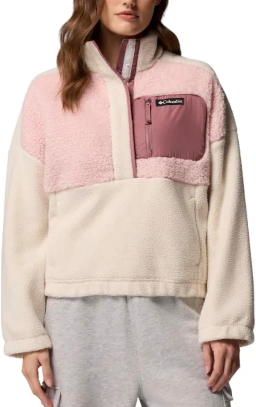 Columbia Women's Long Sleeve Cropped Fleece Pullover (US, Alpha, XX-Large, Regular, Regular, Cream (Chalk/Dusty Pink/Fig))