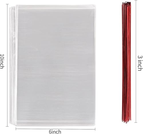 Miniatura 2 de 200 bolsas de celofán transparentes de 10 x 6 pulgadas (1,4 mil) con cinco lazos de colores aleatorios, ideales para panadería, galletas, dulces y