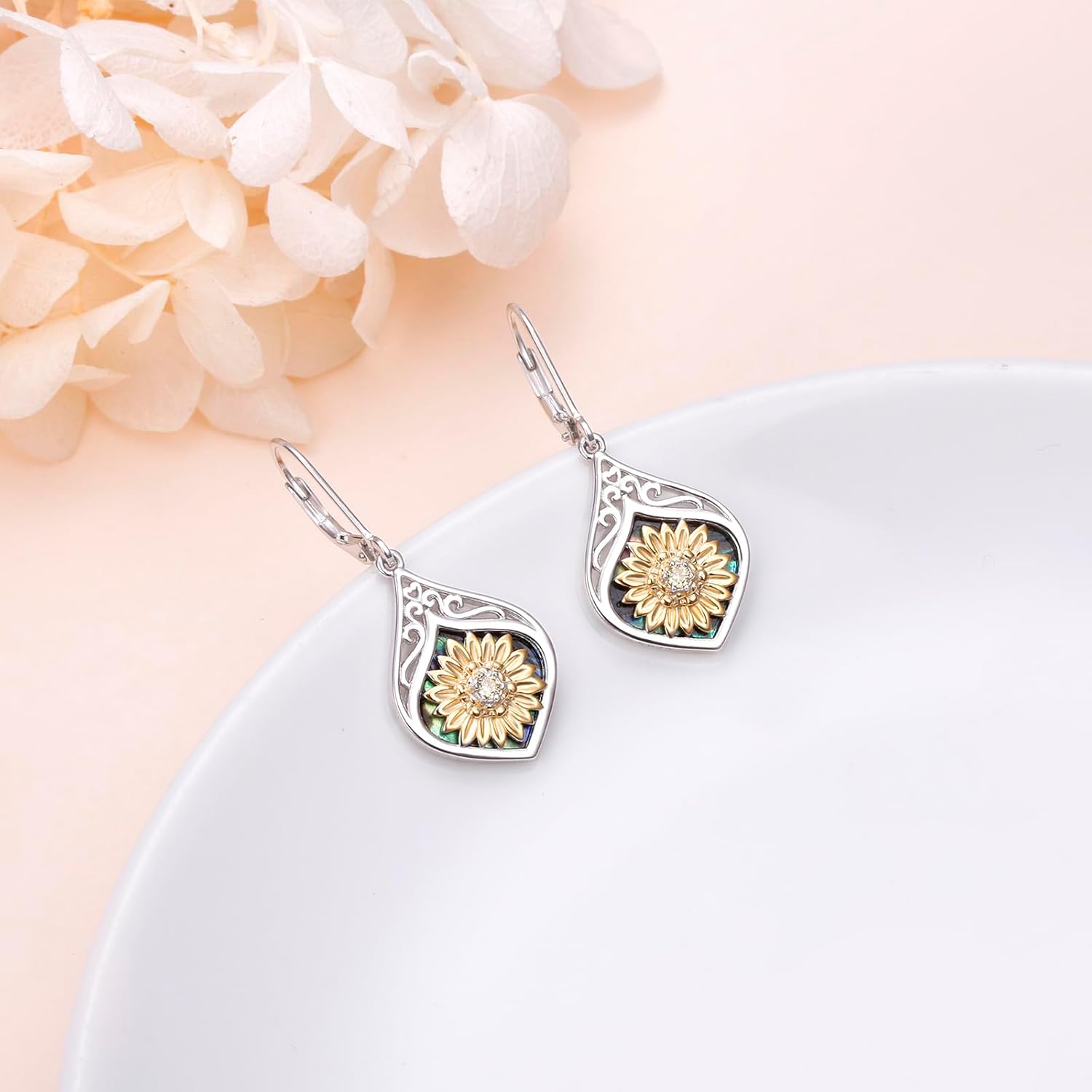 925 Sterling Silver Sunflower Earrings Abalone Shell Sunflower Filigree Dangle Drop Earrings Bohemia Jewelry Gift for Women Mother - Image 5
