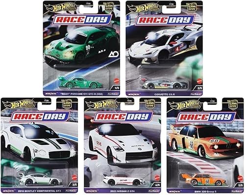 Hot Wheels Race Day Car Collection, 5-Pack Die-Cast Cars, Porsche 911 GT3, Corvette C8.R, Bentley Continental GT3, Nissan Z GT4, BMW 320 FPY86-961D