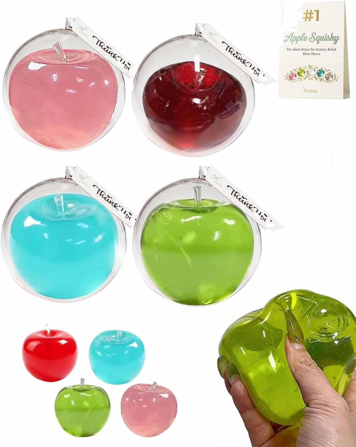Apple Squishy, 3.15in Clear Cute Fruit Stress Balls, Soft Novelty Rebounding Squeeze Toys Glass Gloss Semi-Transparent,Fun Handmade Silicon Squishies Sticky for Anxiety Relief & Focus(4pcs)
