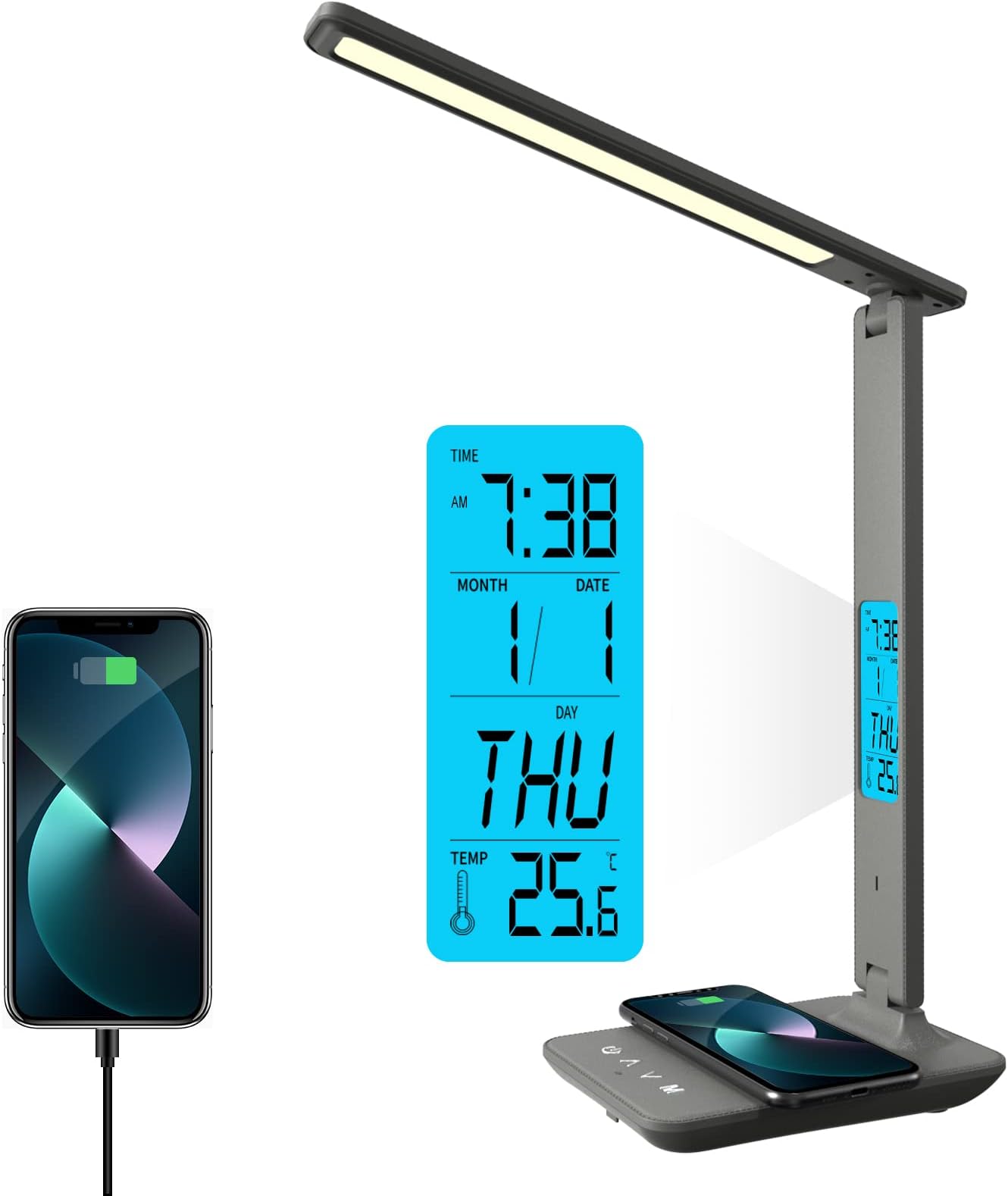 poukaran Desk Lamp, LED Desk Lamp with Wireless Charger, USB Charging Port, Table Lamp with Clock, Alarm, Date, Temperature, Office Lamp, Desk Lamps for Home Office, Grey