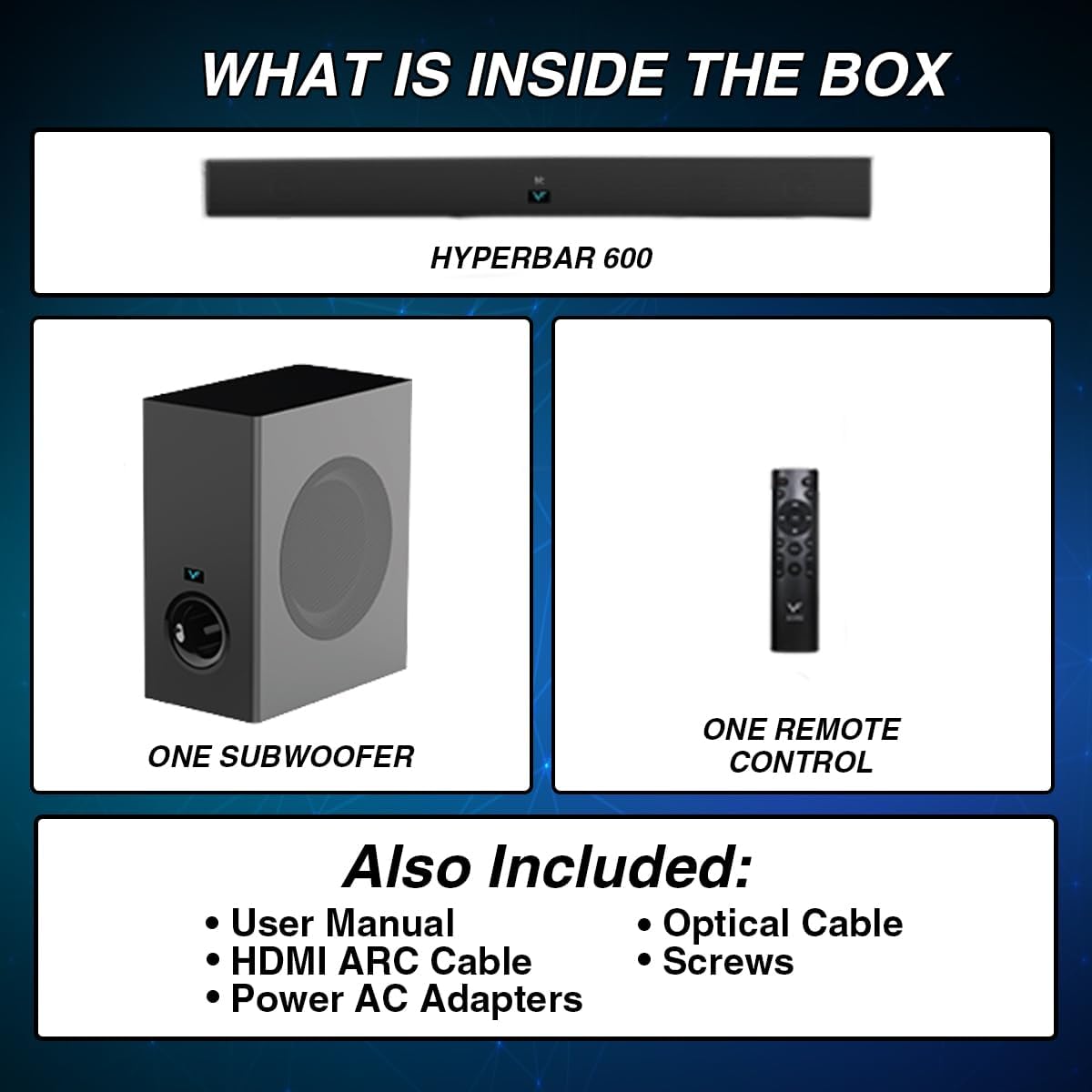 Contents of the VINNFIER HYPERBAR 600 BTRW box including soundbar, subwoofer, remote, cables, and mounting screws.