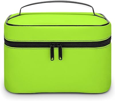 Leather Cosmetic Case, Neon Green Lime Color Portable Makeup Bag Organizer Large Capacity Travel Toiletry Bag with Zipper