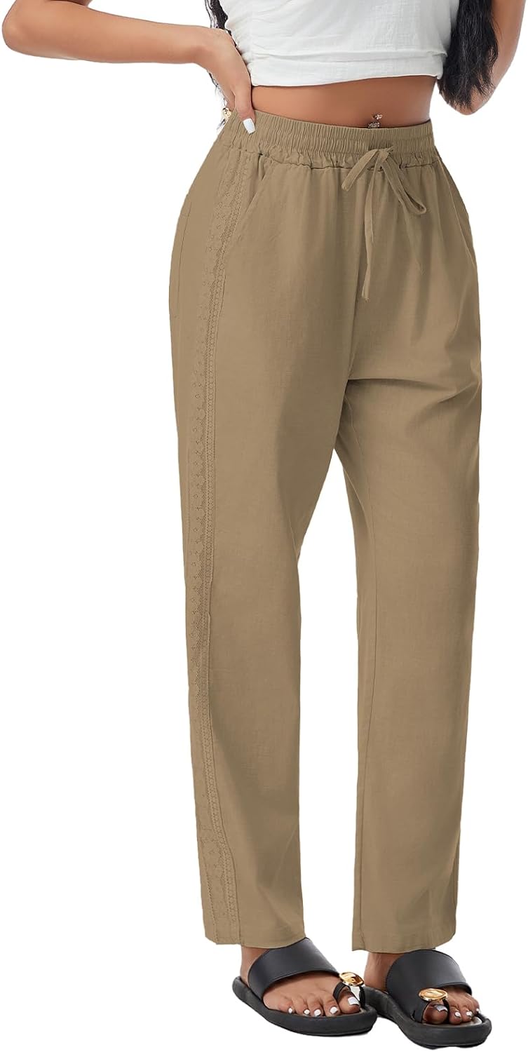 Women Linen Pants Drawstring Elastic Lightweight Capri Pants with Lace Side Summer Beach Casual Pants for Women - Image 6