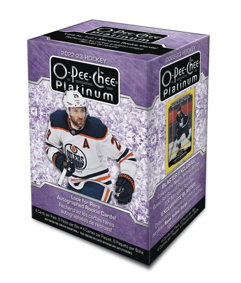 2022-23 NHL O-Pee-Chee Platinum Hockey Factory Sealed Blaster Box. 6 Packs of 4 Cards. Check out scans for details of the great hits you can get. Collect the Blaster Exclusive Neon Yellow Surge Base Set, Sunset Parallels.