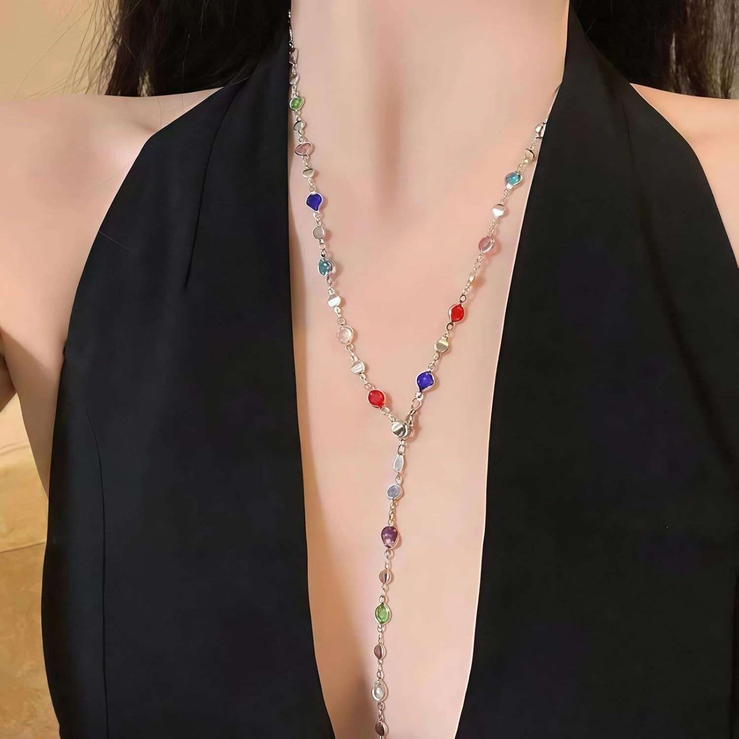 Rhinestone Long Necklaces for Women Boho Layered Colorful Gemstone Necklace Gold Body Chain Summer Fashion Jewelry Gift - Image 5