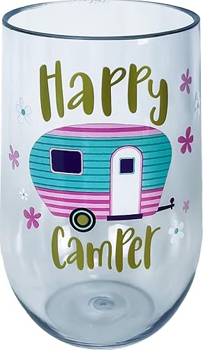 Spoontiques - Happy Camper Copa de vino acrílica - Vaso de vino acrílico - Copa de vino acrílica sin tallo - 16 oz - 5 58 pulgadas de alto