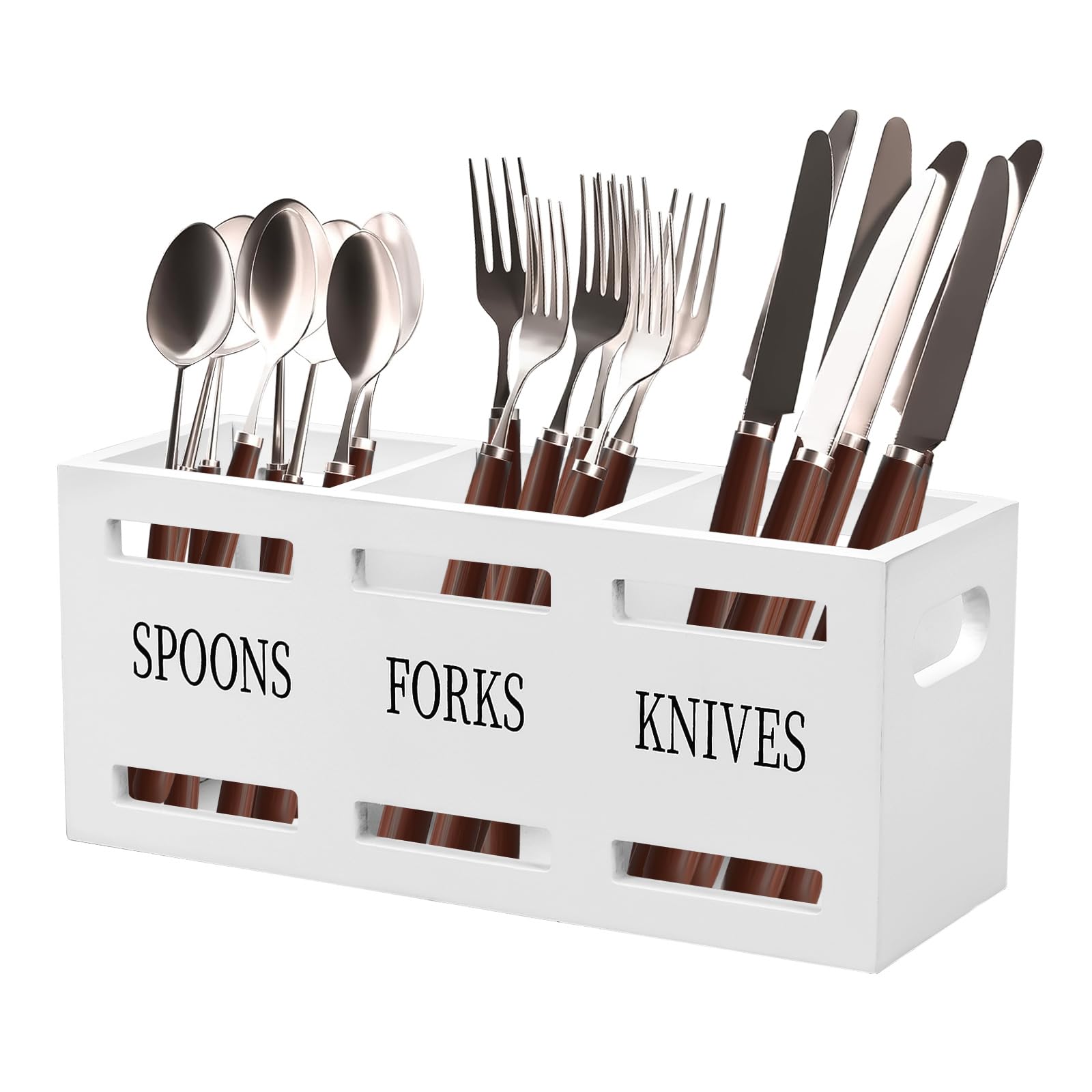 GAESHOW Portautensili da Cucina in Legno a 3 Scomparti, Porta Utensili Da Cucina, Organizer per Utensili, Portautensili per Cucchiaio Forchetta Bacchette, 25,5 X 8,7 X 11 cm (Bianco)