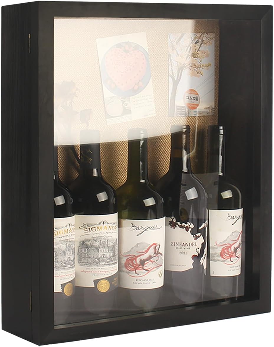 16x20 Extra Large Shadow Box with Door Frame Deep Wooden Display Cases with Lock for 5 Bottles of Red Wine,Champagne,Liquor,Goblet, Photos, Flower,Figurines,Shirt-Black