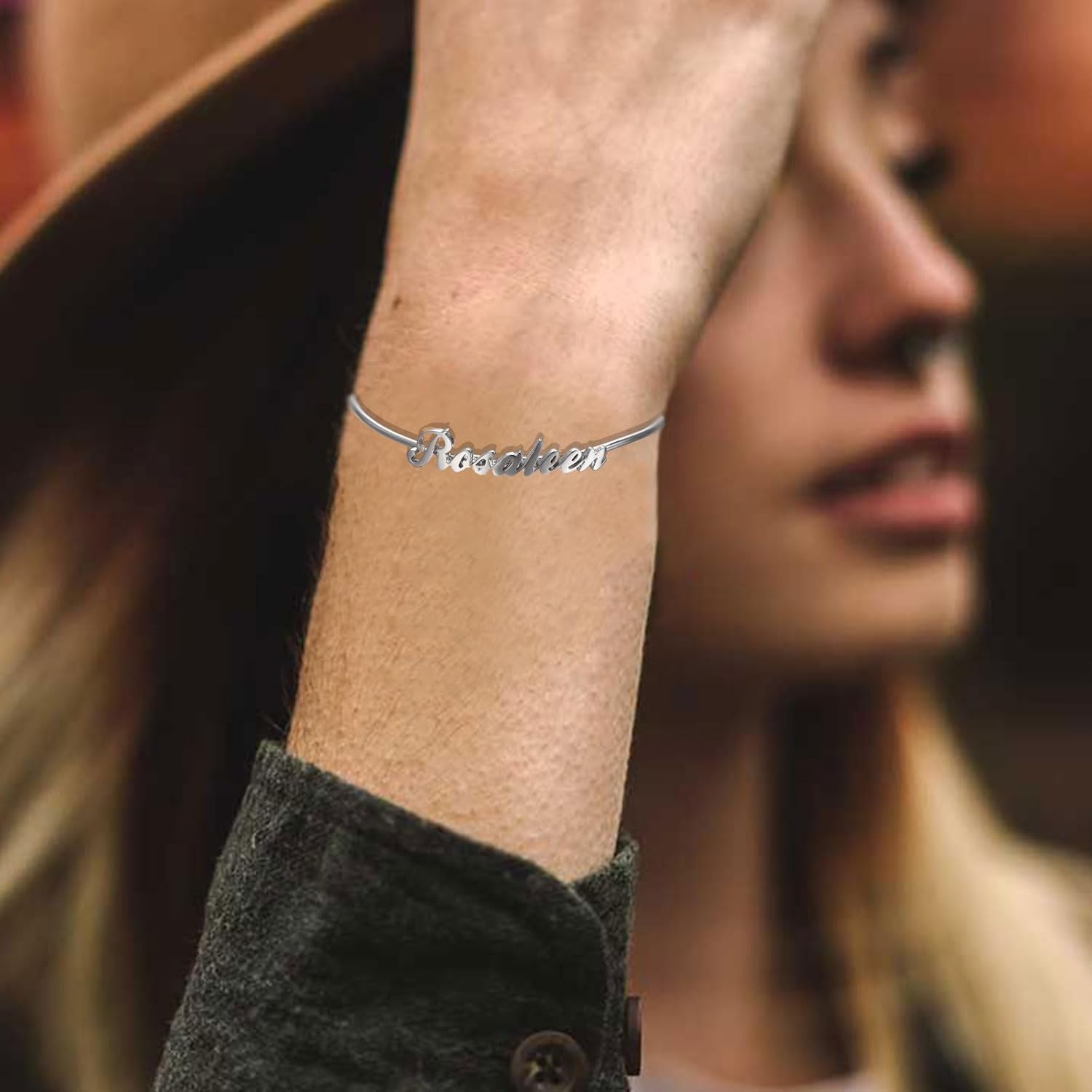 RMREWY Sterling Silver Personalized Name Bracelet Handmade Engrave Name Adjustable Bangle Custom Jewelry Christmas Gift for Women Mom