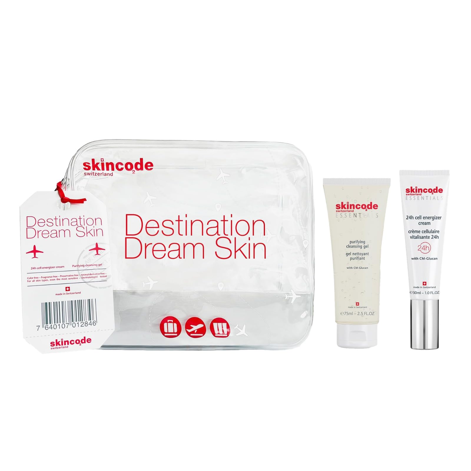 Skincode Destination Dream Skin Care Set | Purifying Cleansing Gel 75ml & 24h Cell Energizer Cream 30ml | Travel Essentials for Women | CM-Glucan, Pro-Vitamin B5 | Skincare Gift Set & Face Moisturizer