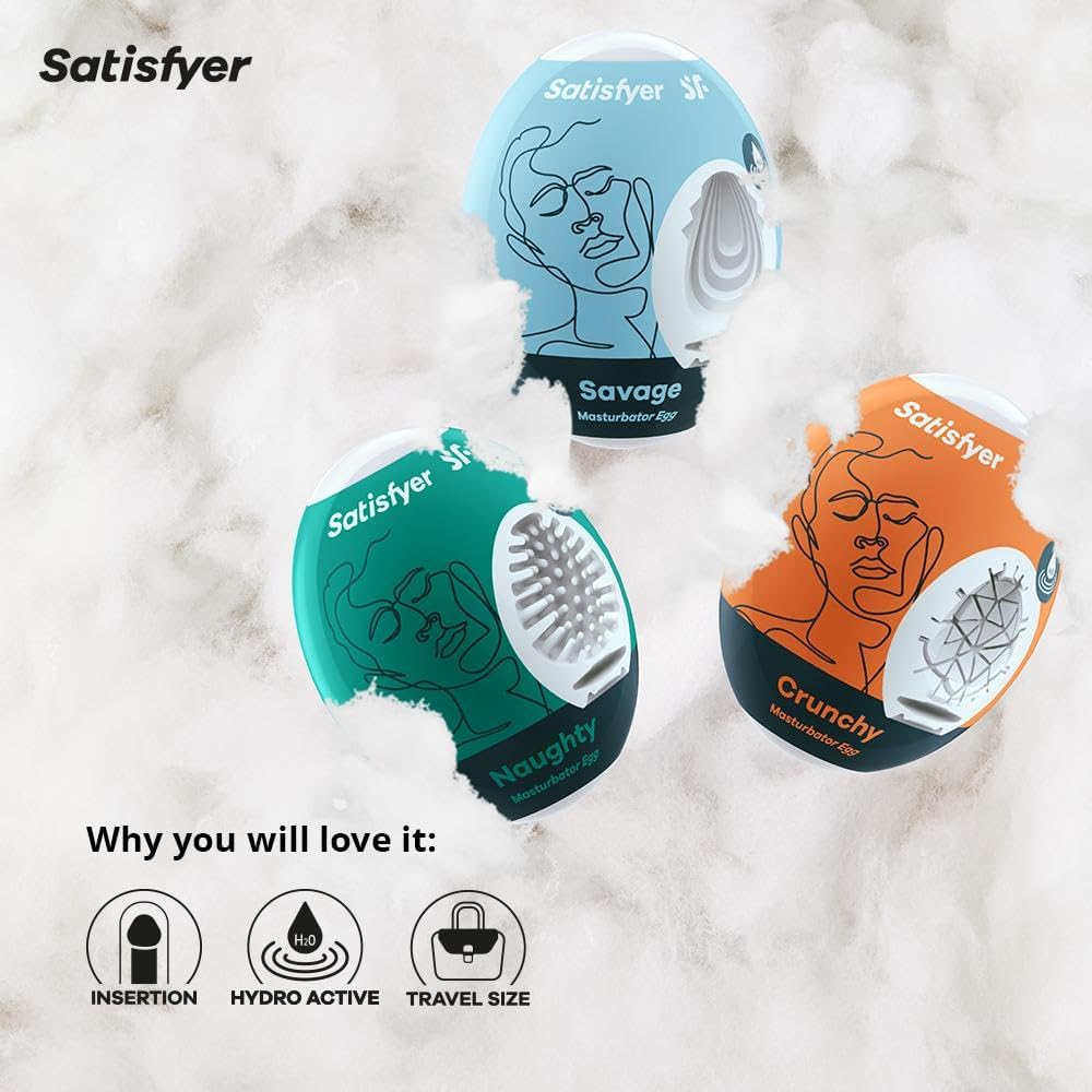 Satisfyer Masturbator Egg 3-Pack | Naughty | Savage | Crunchy | 3 Sensual Structures | Masturbator | Penis Stimulation | Extremely Stretchable | One- Time-Use
