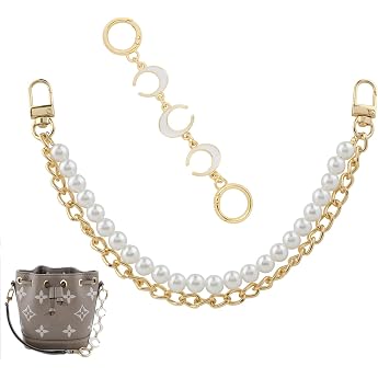 Pack of 2 Gold Bag Chain with Beads and Moon Pendant Double for Handbag Purse Shoulder Strap Chain Replacement Bag Strap Chain Extender Elegant Pearl Chain Bag Extender Chain