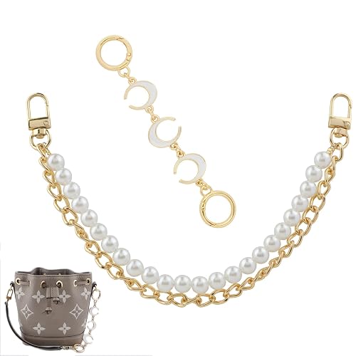 2 Stück Taschenkette Gold mit Perlen und Mond Anhänger, Doppel für Handtasche Geldbörse, Schulterriemen Kette Ersatz Taschengurt Kettenverlängerung, Elegante Perlenkette Tasche Extender Kette