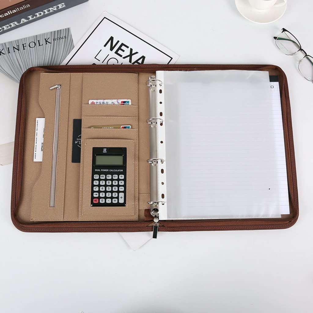 Cartella Appunti Cartella for conferenze for dirigenti aziendali con cerniera, formato A4, con raccoglitore a 4 anelli, for ufficio, scuola, casa, lavoro e uso commerciale(Gray,12digit calculator)