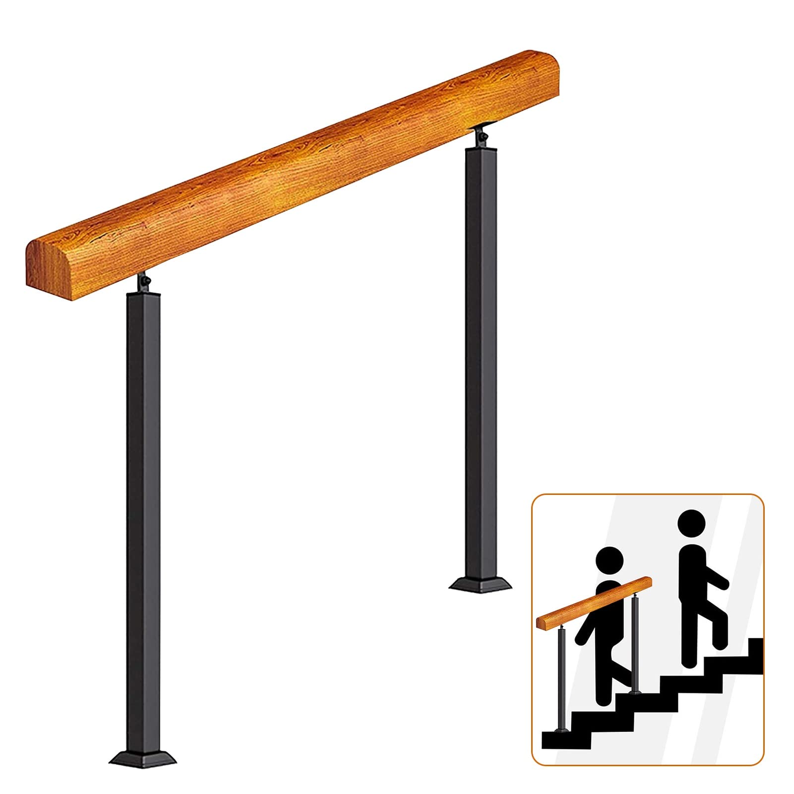 Rampe d'escalier réglable en fer forgé noir avec barre d'appui stable en bois massif