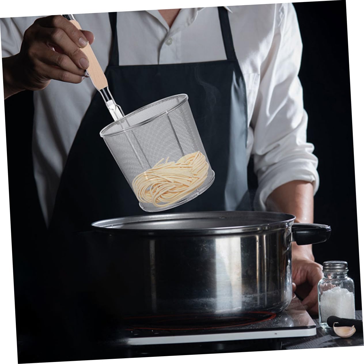 3 Stück Edelstahl Küchensieb mit Holzgriff Spülmaschinenfest zum Frittieren die Heimische Küche Inklusive Nudelschöpfer und Frittiersieb