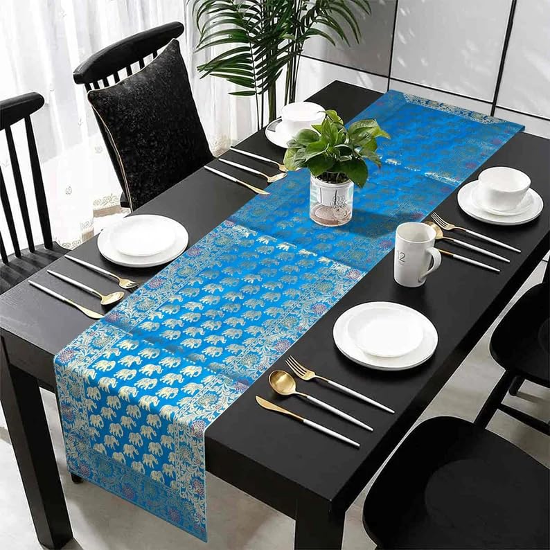 Image of Living Room Decor Handmade Banarasi Silk Table Runner for Center /Dining Table (16 x 60 Inches) (Heavy Zari Brocade ) (Turquoise)
