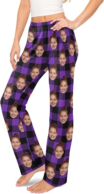 HUTARIO Personalized Pajamas Pants for Women, Lounge Lightweight Soft Casual Plaid Bottoms Custom 1-5 Dog Pet Face Photo