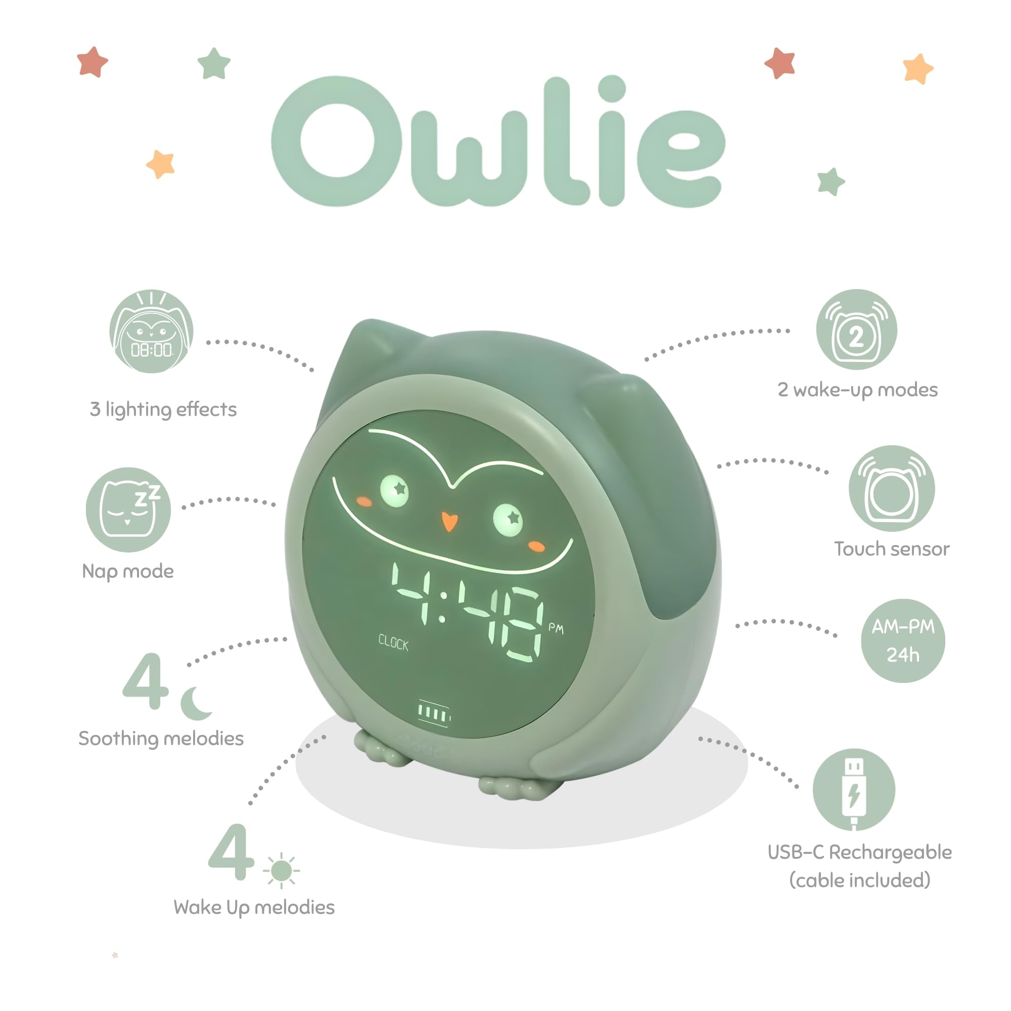 Cloud b Owlie Der Magische Schlaftrainer und Wecker | Schlaftrainings-Uhr für Kinder | 3 Lichtmodi | 4 beruhigende Einschlafgeräusche & 4 sanfte Weckmelodien