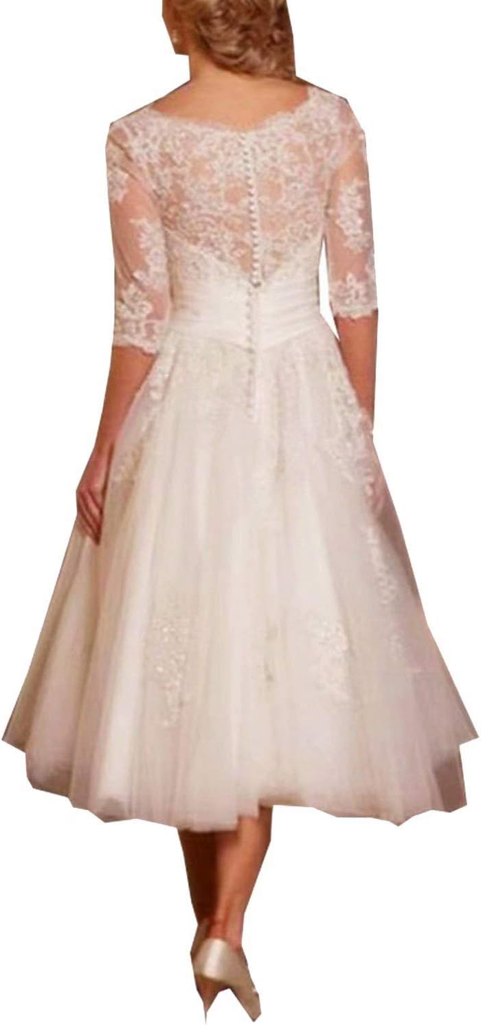 Lorderqueen Short A-line Wedding Dresses 3/4 Lace Bridal Gowns School Prom Dress Ball Gown