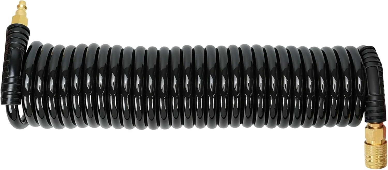 4 Pack Polyurethane Recoil Air Hose, Air Compressor Hose 1/4" Inner Diameter by 25' Long with Bend Restrictor, 1/4" Industrial Quick Coupler and Plug, Blue.
