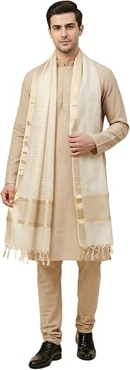 MUFFLY Men Cotton Silk Dupatta/Stole with Zari Woven Border and Tassels | Traditional Ethnic Dupatta for Kurta, Sherwani