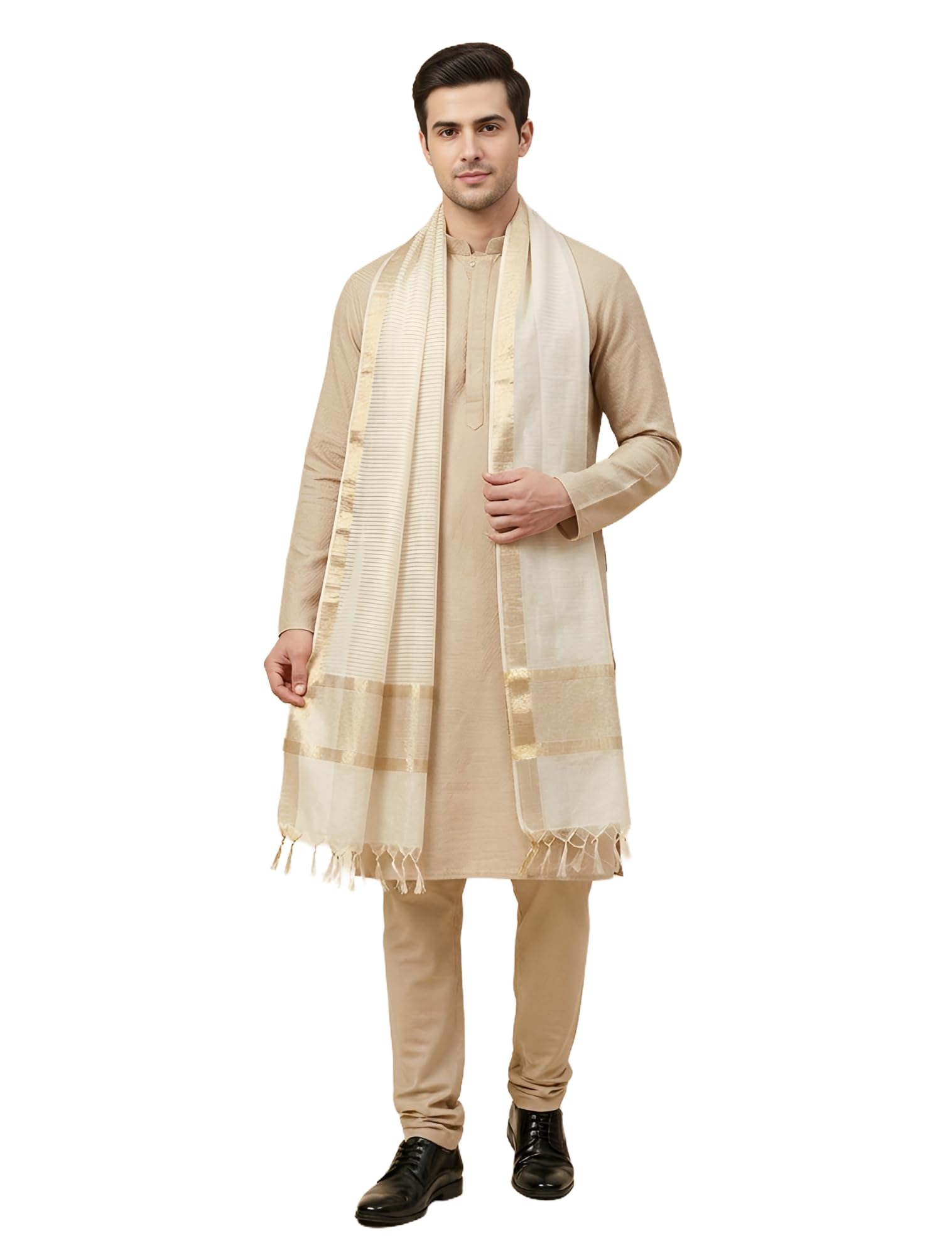 Men Cotton Silk Dupatta/Stole with Zari Woven Border and Tassels | Traditional Ethnic Dupatta for Kurta, Sherwani