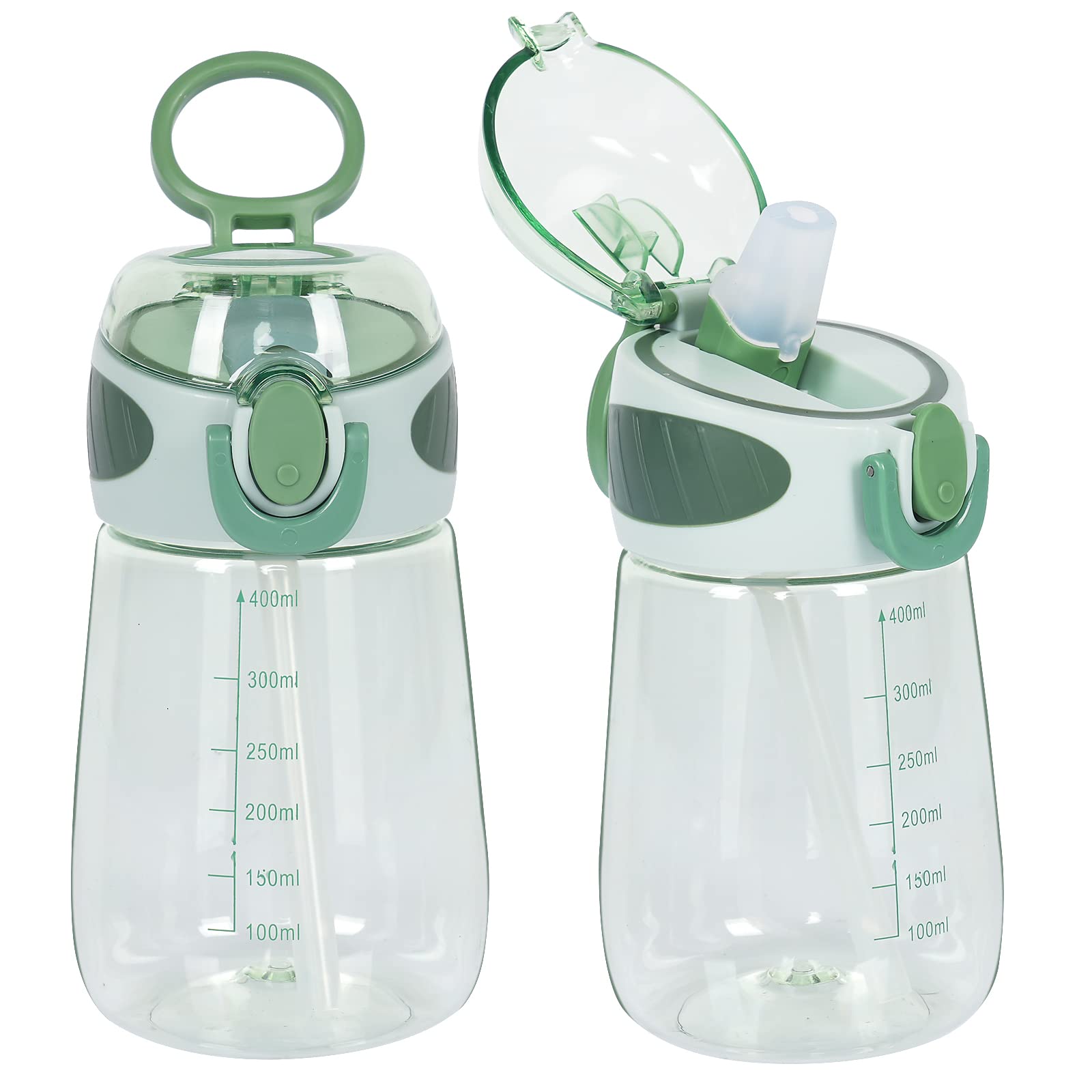 YOBOKO Water Bottle with Straw BPA Free Lightweight 14oz Water Drinking Bottle for Toddlers with Handle Wide Mouth Leak-Proof Cute Straw Bottle for Boys, Girls,Adults (Green)