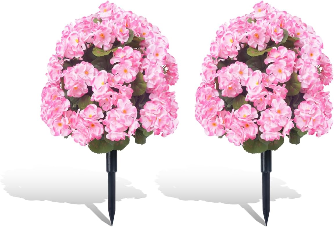 Set of 2 Artificial Begonia Topiary Ball Tree with 210 Flowers, 22'' Fake Begonias Bushes Tree with Ground Spikes for Outdoor, Porch, Garden, Patio, Faux Evergreen Shrubs (2, Pink)