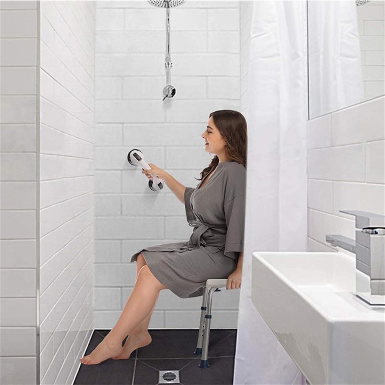 Silla de ducha, asiento de ducha ajustable en altura con orificios de evacuación asiento de baño en forma de U con patas antideslizantes, para el cuarto de baño