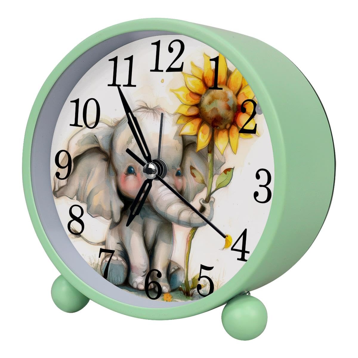 Alarm Clock Cute Elephant Sunflower, Silent Non-Ticking with Night Light