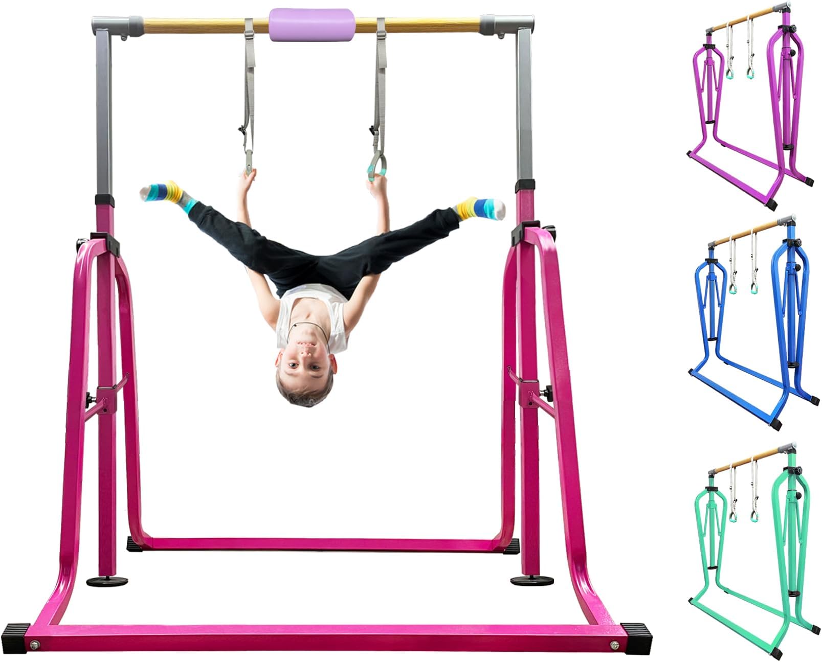 Foldable & Moveable Gymnastics Horizontal Bar with Rings,3’to 5’Adjustable Height Expandable Junior Kip Bar for Home,Indoor Gym Equipment for Kids