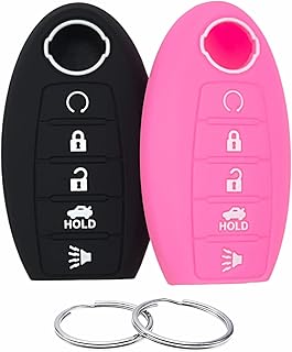 Silicone Rubber Key Fob Cover Compatible with 2013-2023 5 Buttons Nissan Altima SR Armada SL Maxima Murano Pathfinder Rogue Titan Versa Sentra (Black Pink)
