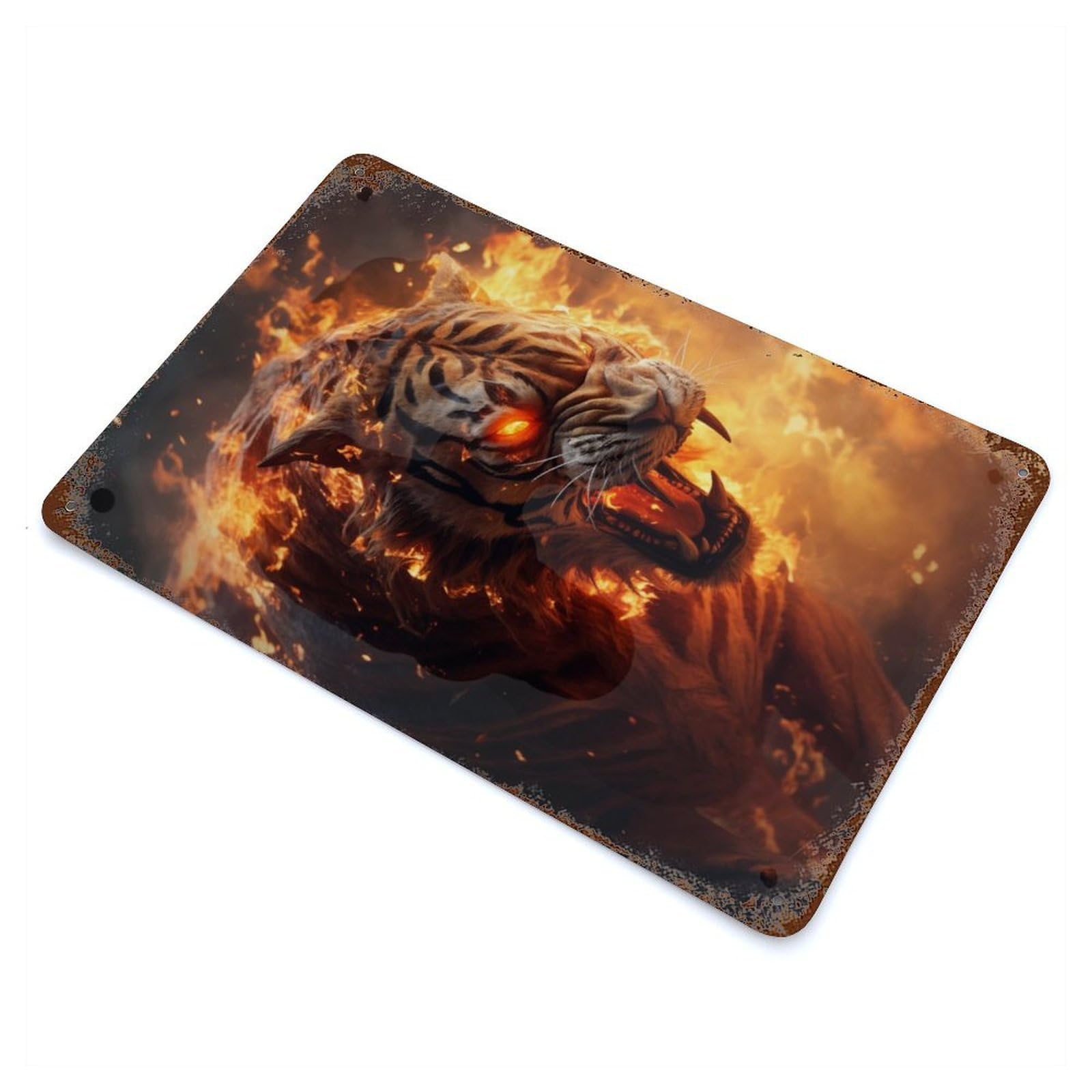 Burning Fantasy Tiger Glow Distressed Metal Wall Sign 11.8"x7.9", Ideal for Garage, Bar And Workshop Decor