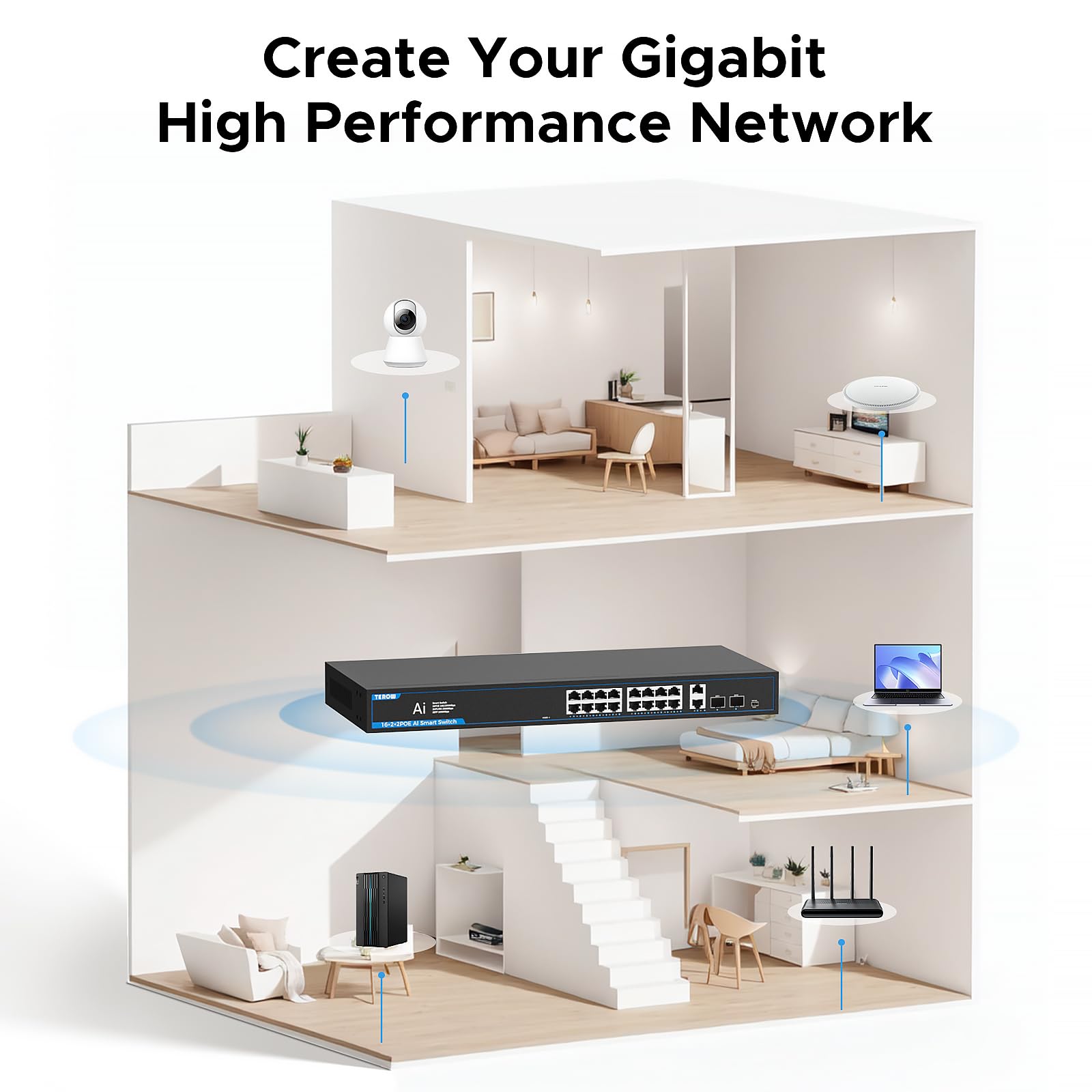 Switch di rete Gigabit a 20 porte con 16 porte PoE e 2 slot Uplink e 2 SFP - Conforme 802.3af/at, Plug & Play, ottimizzazione del traffico, design silenzioso senza ventola