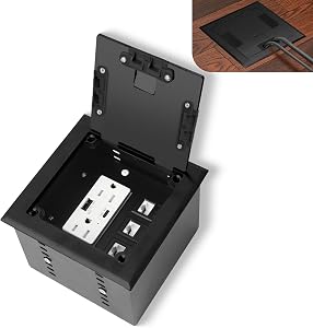 Recessed Flat Hidden Socket Kit with 2 * 15A Receptacle，4.8A 1 USB-A Ports &1 USB-C Port+3-Port RJ45 Datacom Receptacle. Internal Height Adjustable，Corrosive Resistant Hardware,Black