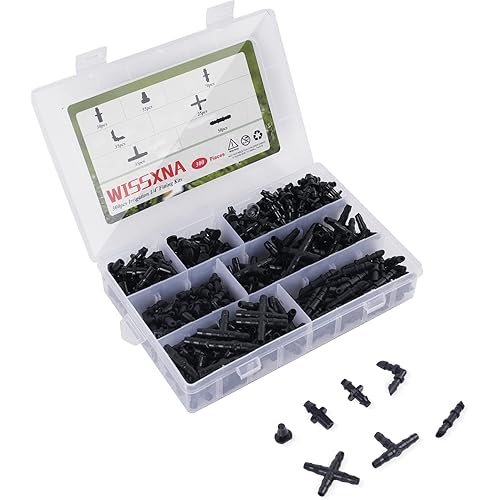 WISSXNA 300PCS Barbed Connectors Drip Irrigation Fittings Kit,Irrigation Connector for 1/4'' Tubing Garden Lawn Irrigation(Single barbs,End Plug,Barbs, Elbows Fittings,4-Way Connector,Tees,Coupling)