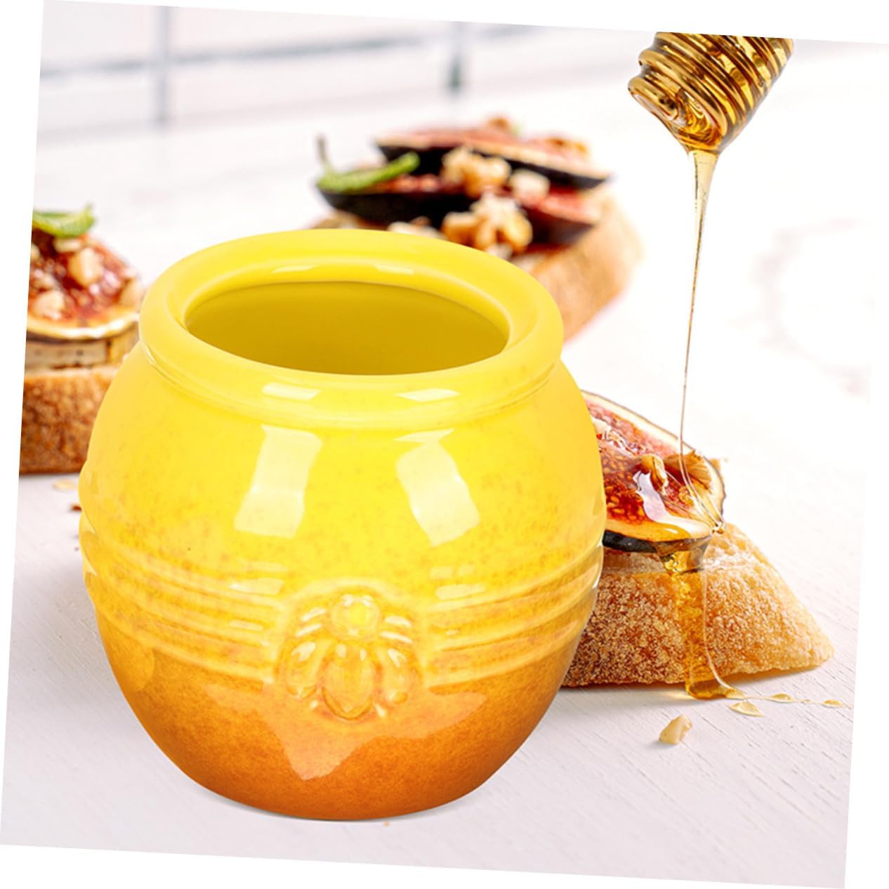 NUOBESTY 2 Set Ceramic Honey Jar with Lid and Wooden Dipper Compact Porcelain Honey Pot Container for Freshness and Easy Storage Lidded for Kitchen Countertop