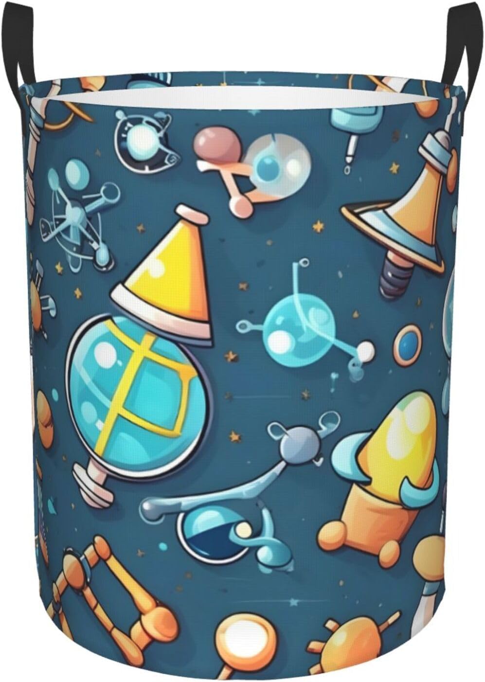 Cartoon Science Theme Print Circular Protable Storage Bin,Basket For Laundry Hamper With Handles Bedroom Clothes