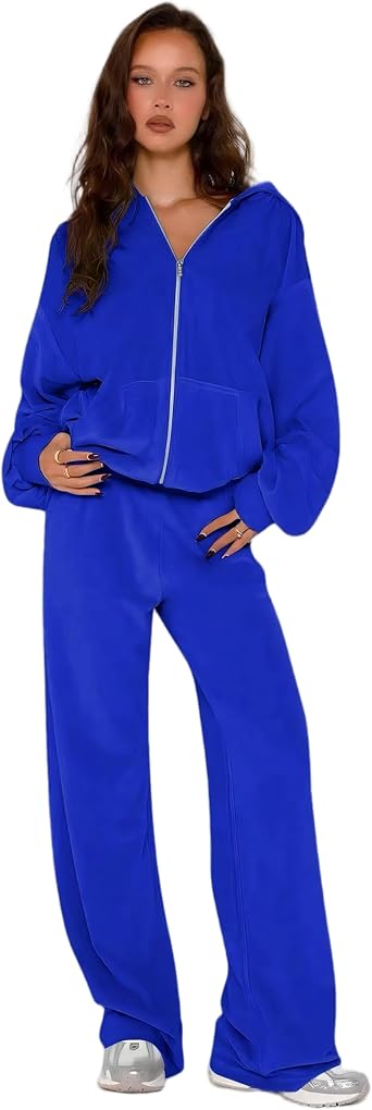 Womens 2 Piece Solid Velour Tracksuits Two Piece Velvet Lounge Outfits for Women, Long Sleeve Hoodie Tops Sweatsuits Casual Zip-Up Jacket Workout Pants Matching Set with Pockets, Sports Jogging Sets