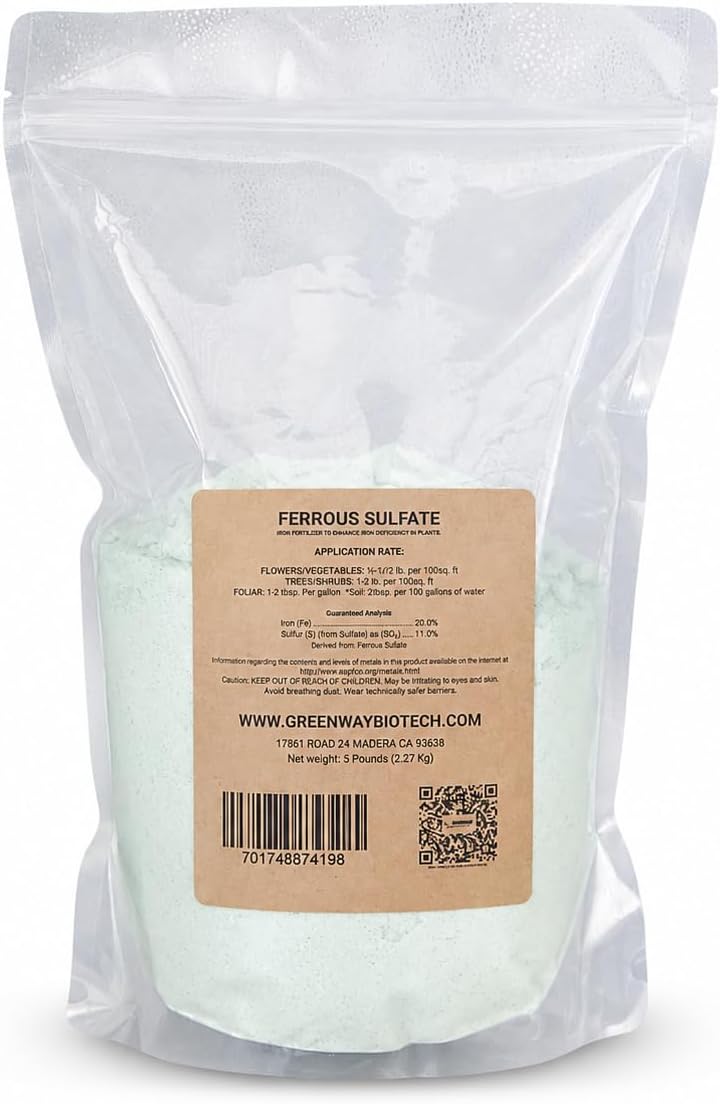Greenway Biotech, Inc. Ferrous Sulfate Heptahydrate 20% Iron (Fe) 12% Sulfur (S) 100% Water Soluble Powder Brand 5 Pounds