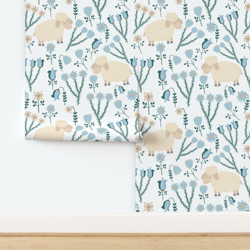 Peel & Stick Wallpaper 3ft x 2ft - Sheep Meadow Animal Farm Cute Garden Custom Removable Wallpaper by Spoonflower